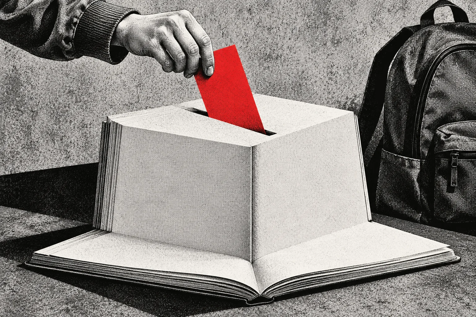 A hand inserts a red ballot into a white ballot box shaped like an open book, with a backpack beside it.