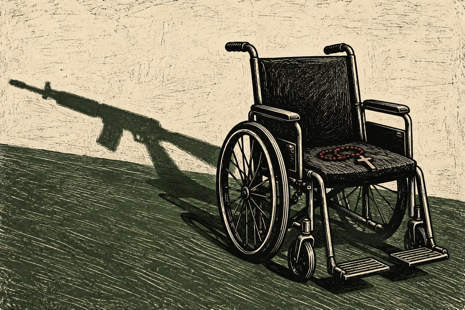 A woodcut-style wheelchair holds a rosary and cross, while its shadow forms a rifle against a textured beige wall and dark green floor.