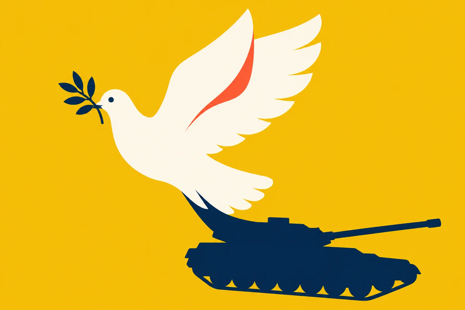 A white dove carrying a blue olive branch flies above a dark blue tank against a yellow background.