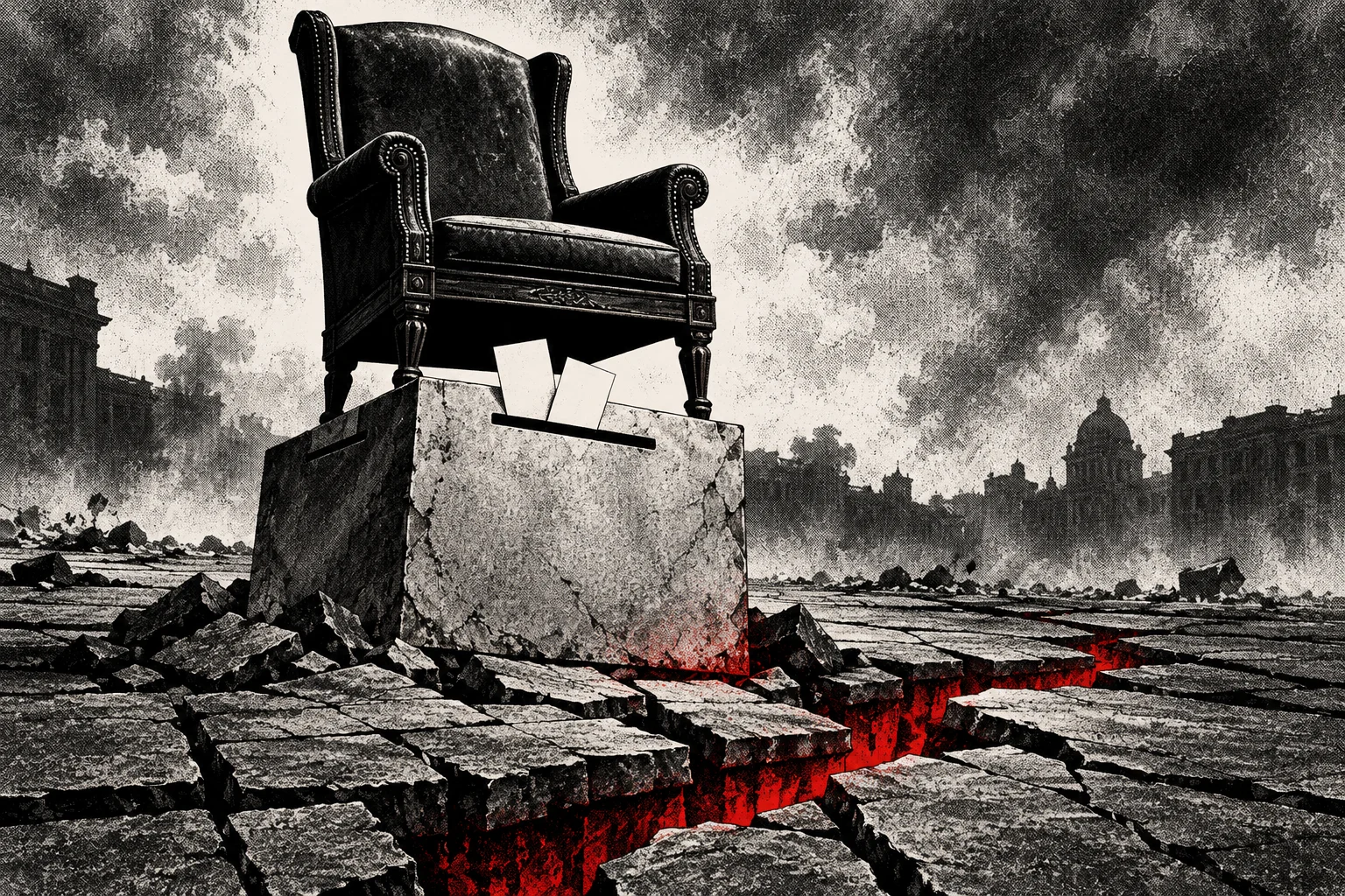 An ornate empty chair towers above a cracked ballot box in a ruined city, while glowing red fissures split the pavement beneath a smoky sky.