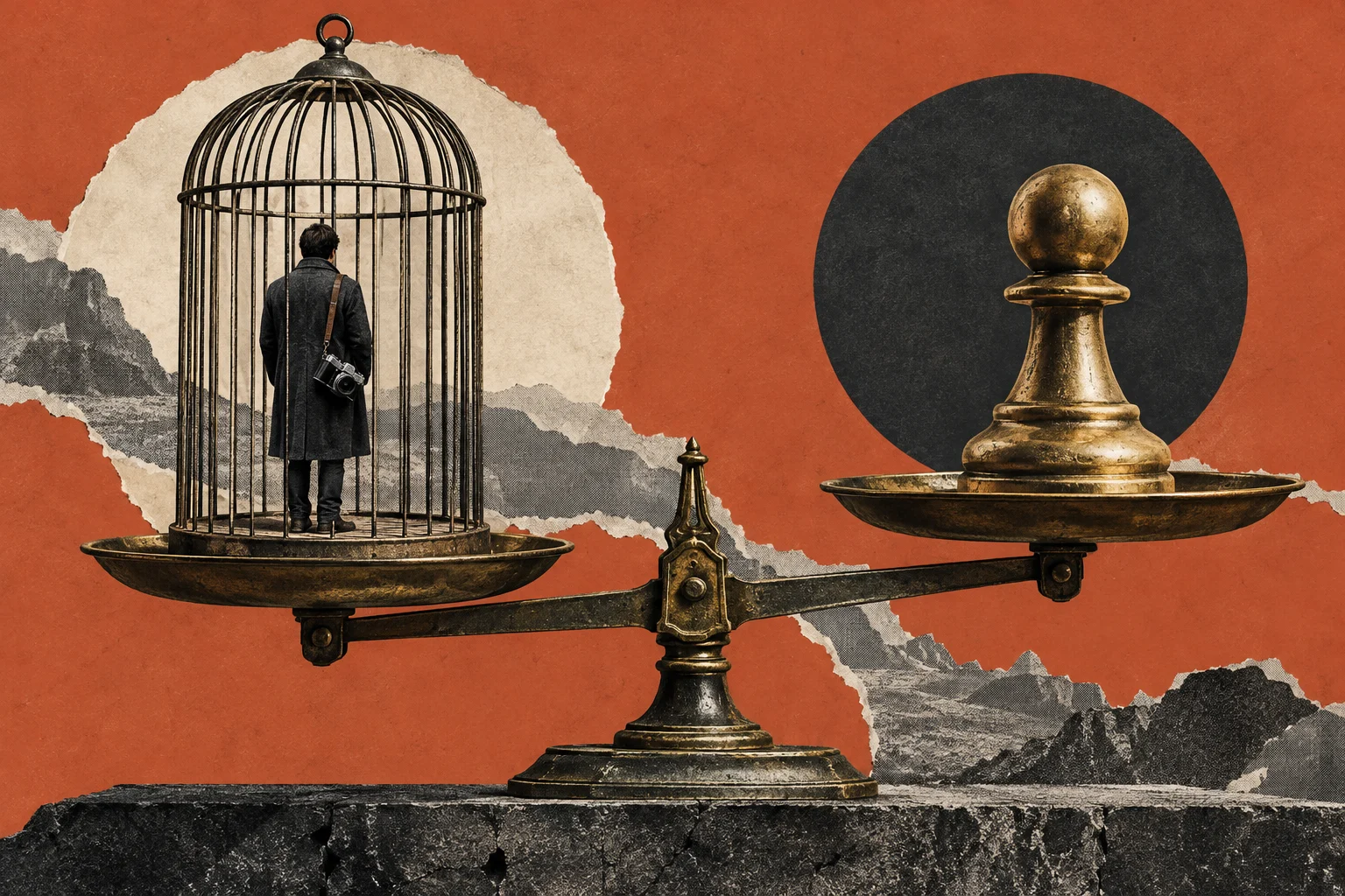 An antique balance scale weighs a caged man with a camera against a golden chess pawn, against an orange collage background with torn paper and mountains.