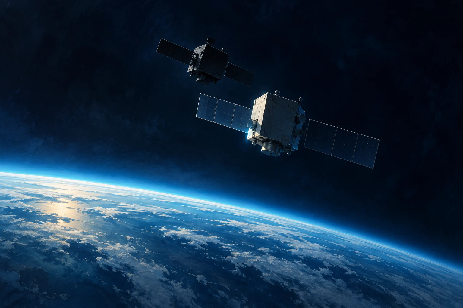 Two satellites with extended solar panels orbit above Earth's curved blue horizon, with clouds and sunlight visible below against dark space.