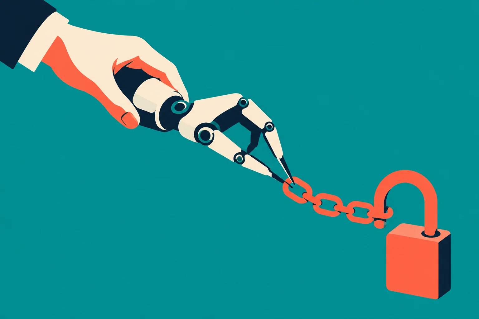 A human hand holds a robotic hand that pinches an orange chain connected to an open padlock against a teal background.