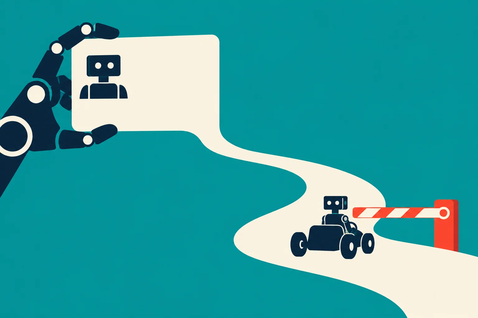 A robotic hand holds a blank card with a robot icon, while a small wheeled robot approaches a red barrier on a winding cream path.