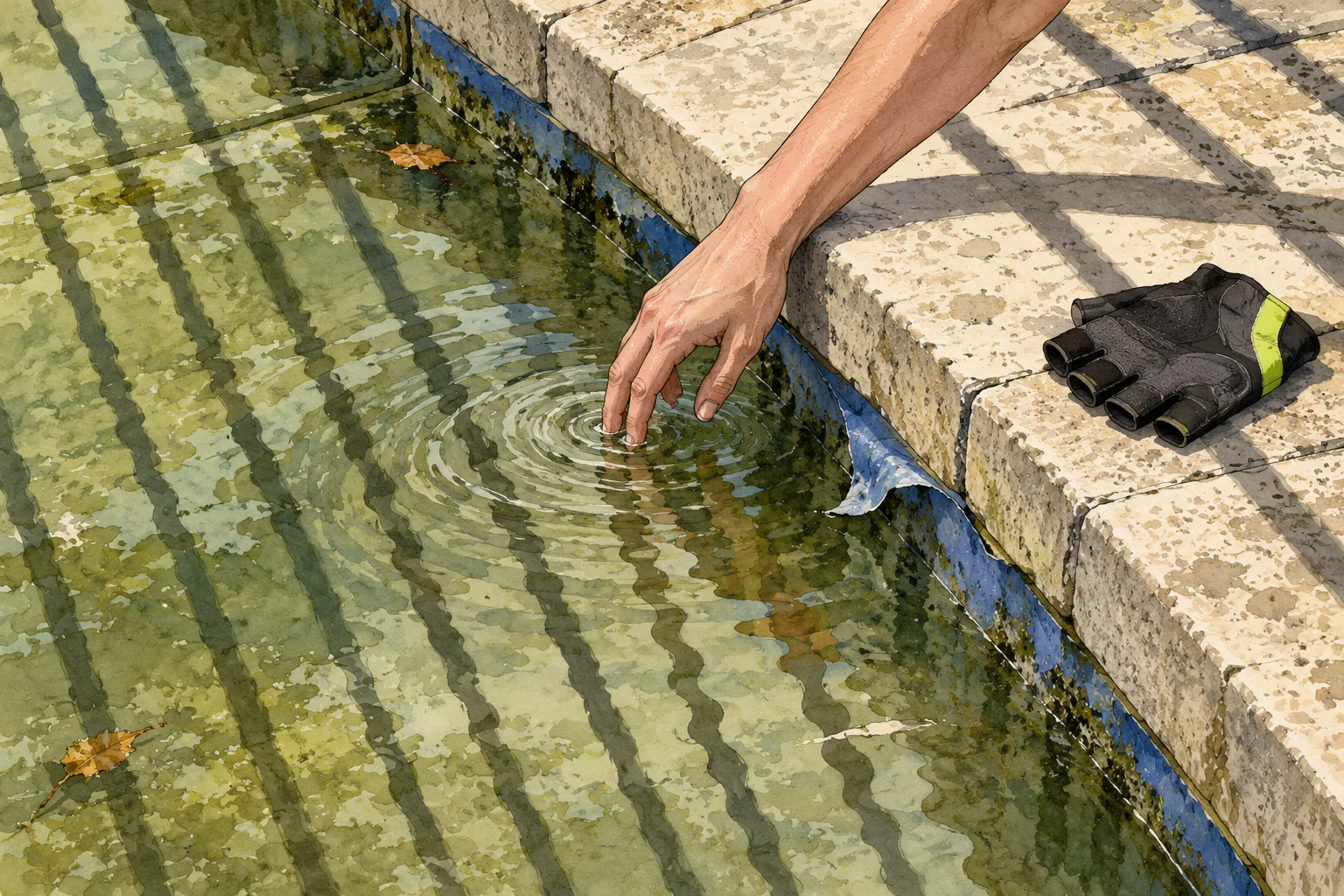 A bare hand touches greenish pool water, creating ripples beside weathered stone paving where a black fingerless glove with a bright yellow stripe rests.