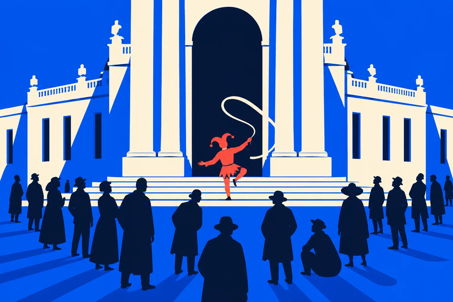 A red-clad jester twirls a ribbon on the steps of a grand cream building while dark silhouetted spectators watch against a vivid blue background.