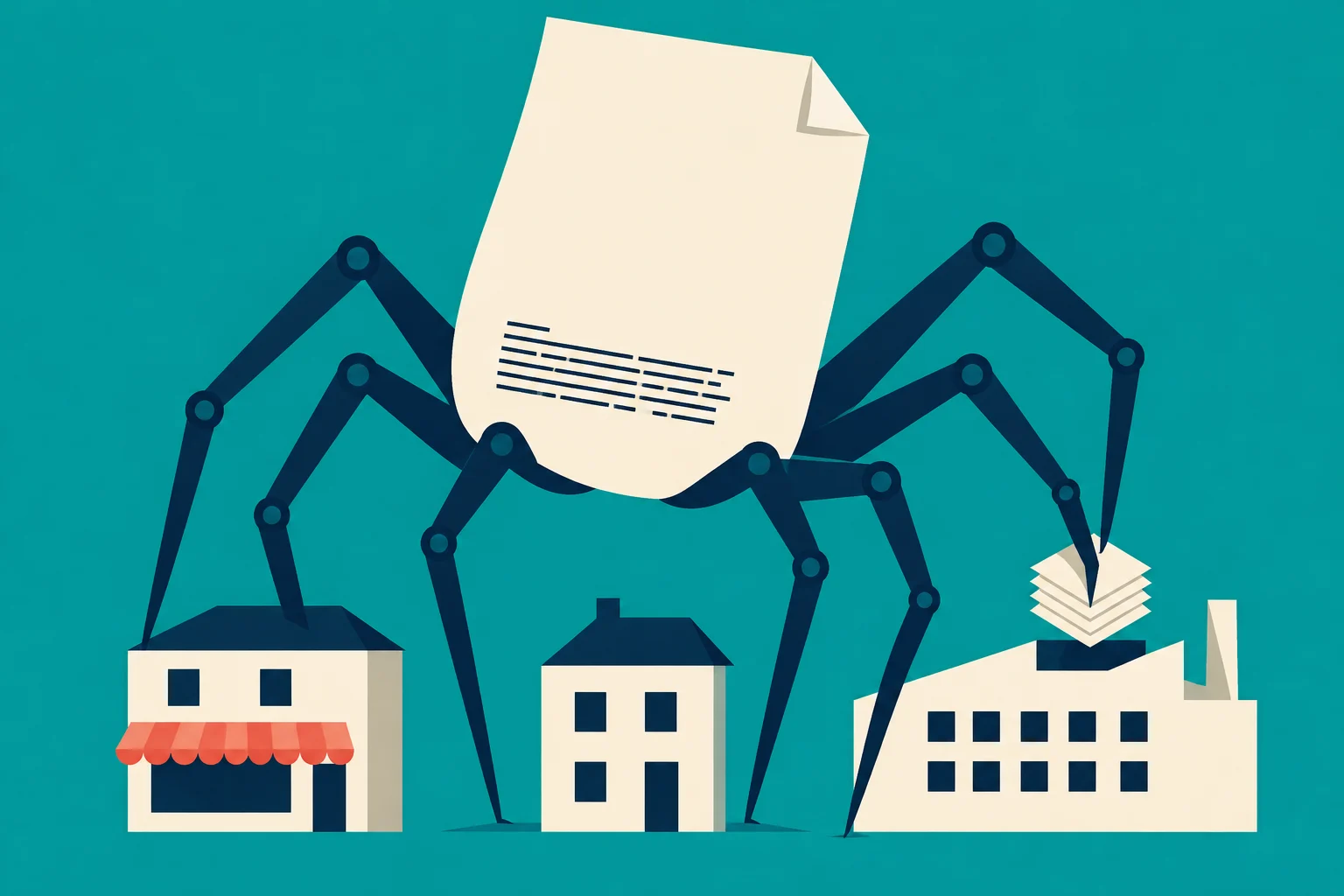A giant sheet of paper with spiderlike mechanical legs looms over a shop, a house, and a factory, holding a stack of papers.