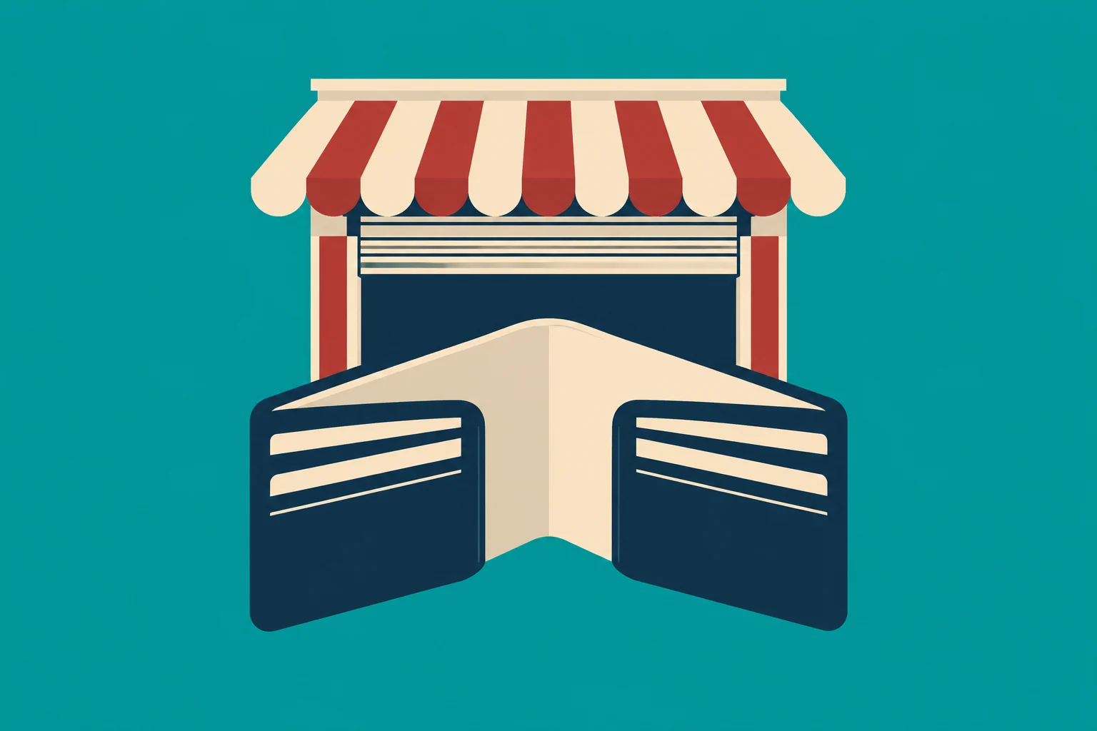 A stylized open navy wallet with cream cards sits in front of a storefront with a red and cream striped awning on a teal background.