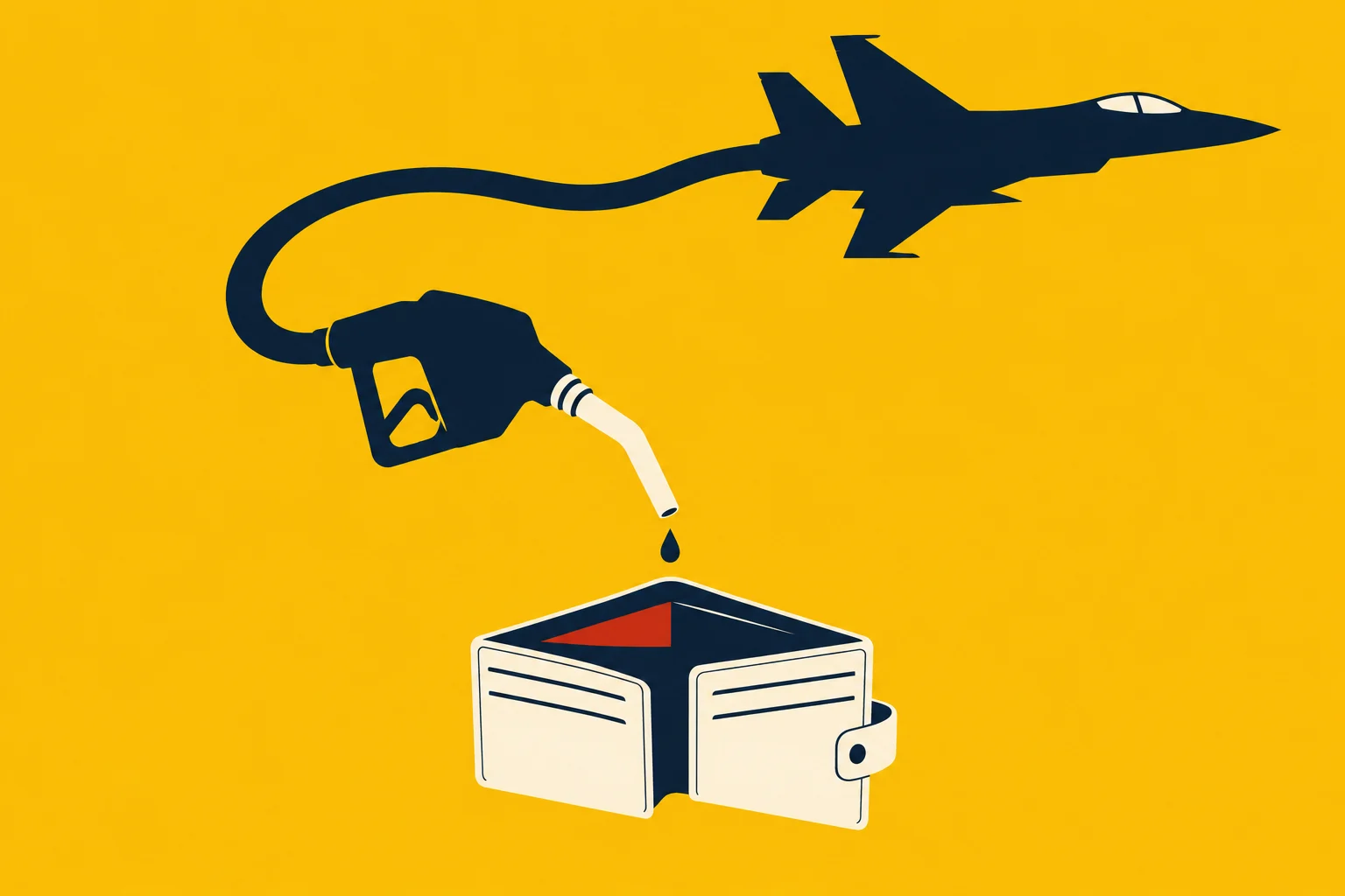 A fighter jet connects to a fuel nozzle dripping into an open wallet against a yellow background.