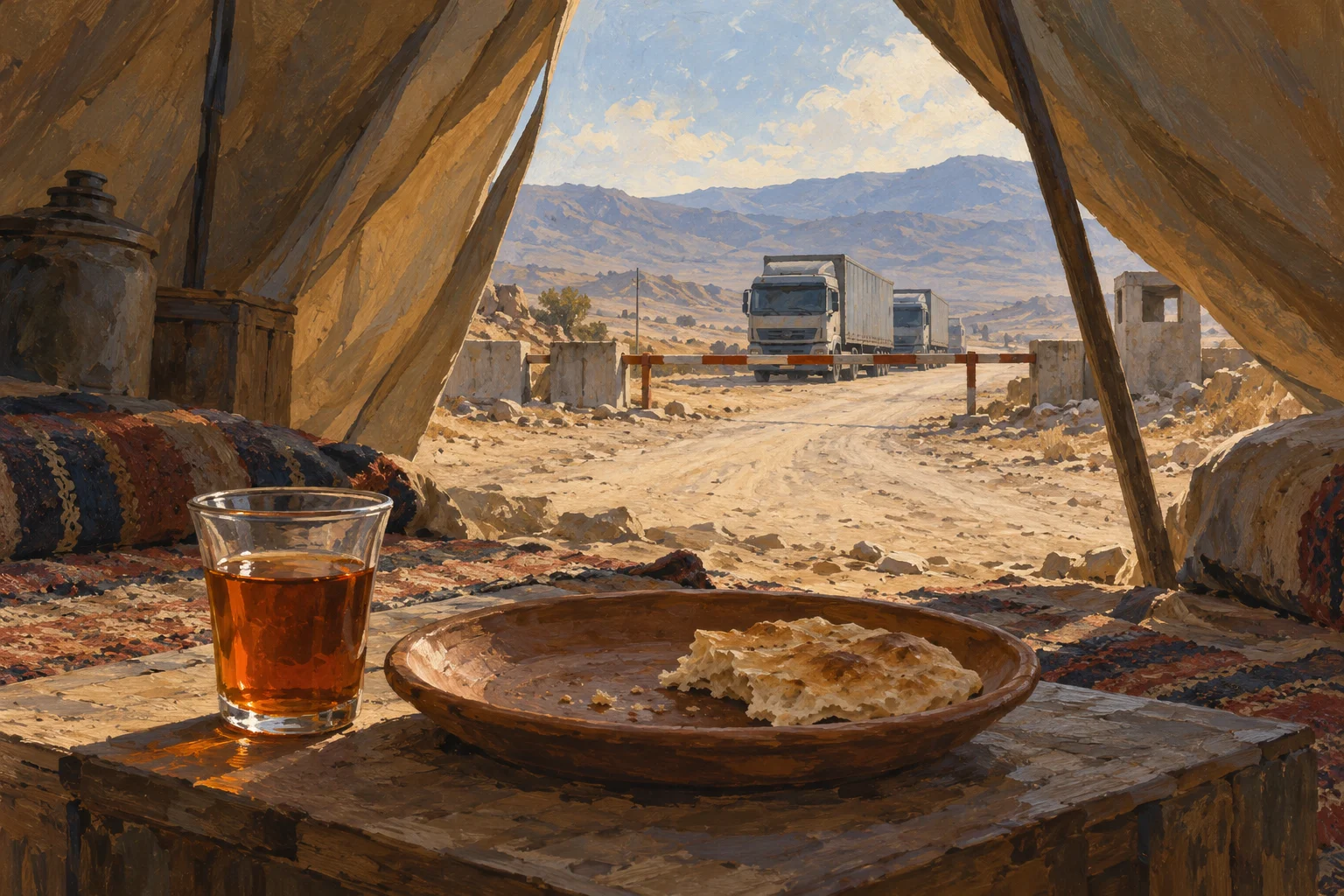 Tea and flatbread sit on a wooden table inside a desert tent overlooking trucks waiting at a road barrier beneath distant mountains.