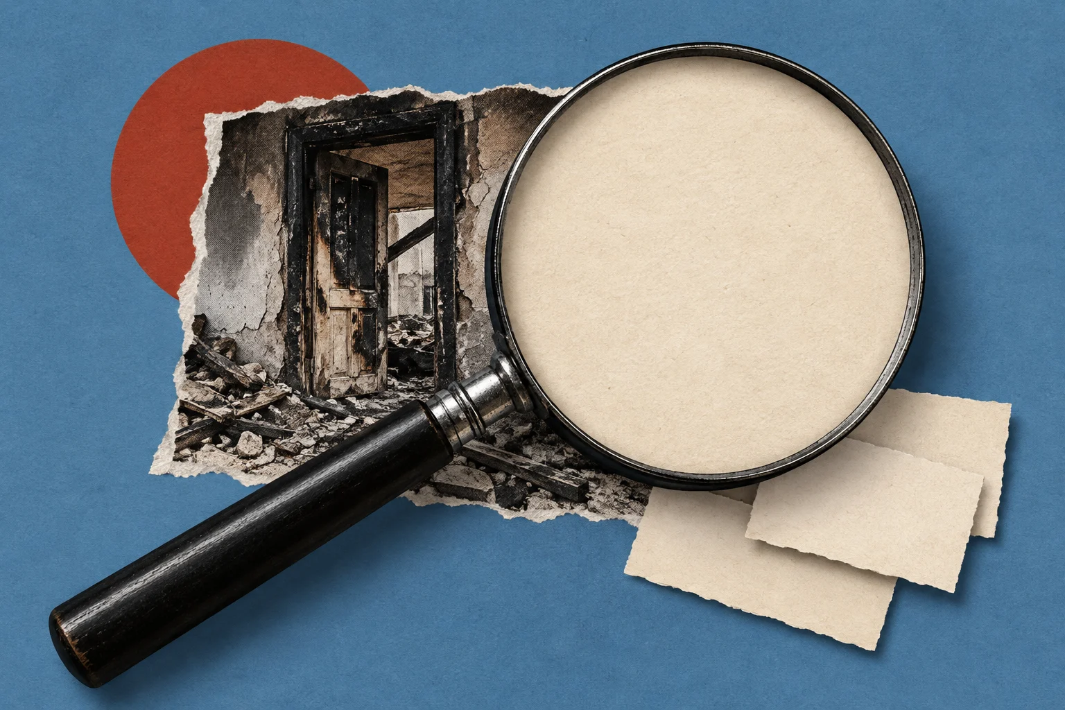 A large magnifying glass with a blank cream lens rests over a torn photograph of a ruined doorway on blue paper beside cream scraps and a red circle.