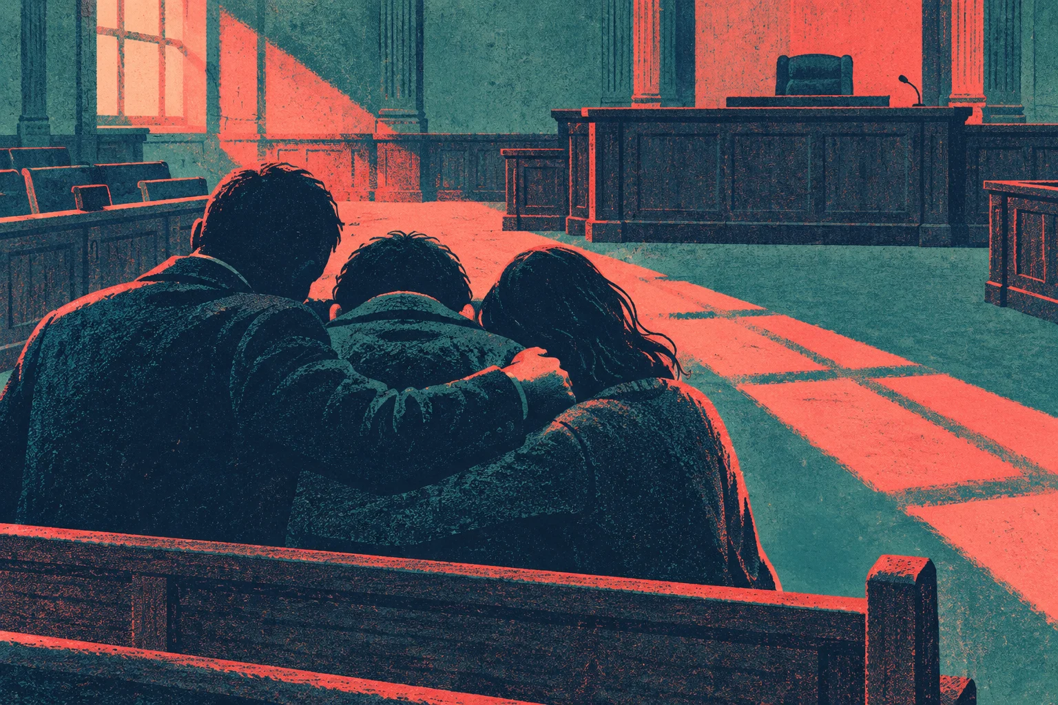 Three people sit close together on a courtroom bench, one with an arm around another, facing an empty judge’s bench in a textured teal and coral illustration.