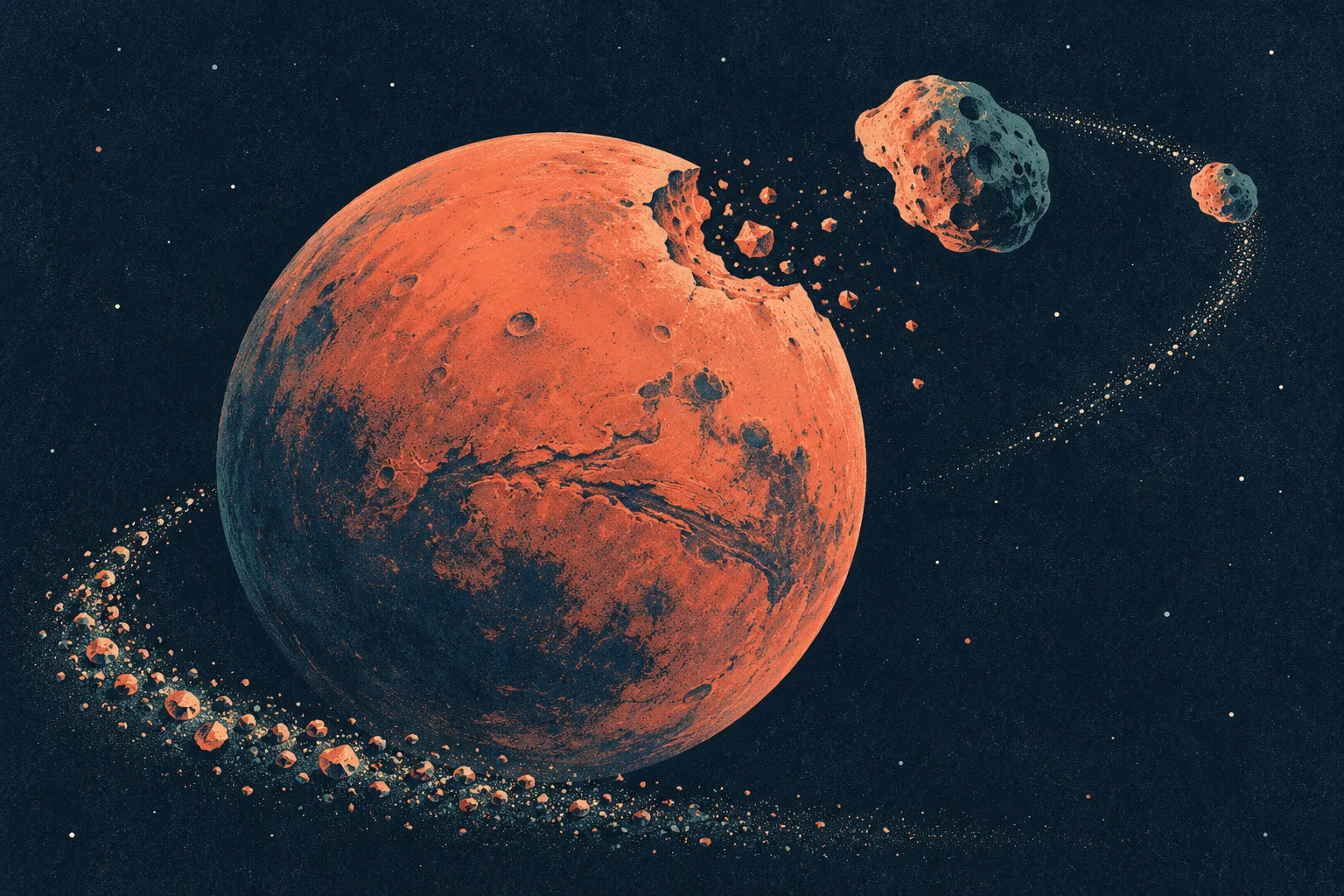 An orange, cratered planet with a large broken section floats among asteroids and curved trails of debris against a dark, starry background.