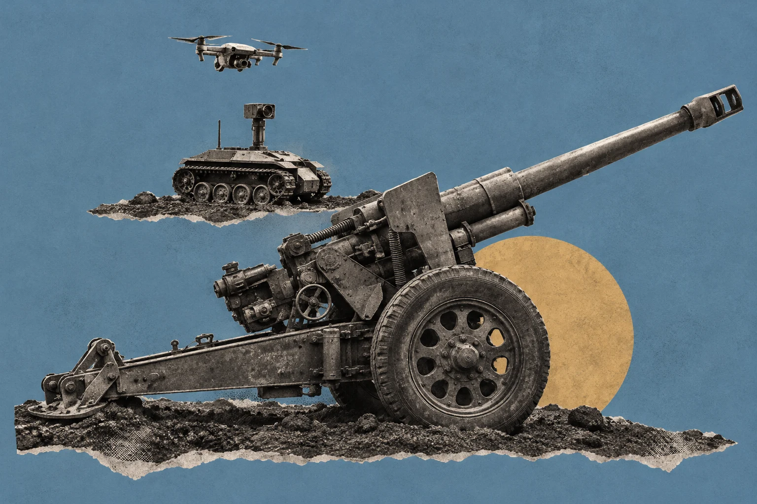 A collage shows a large wheeled artillery gun, a small tracked robot, and a flying drone against a textured blue background with a yellow circle.