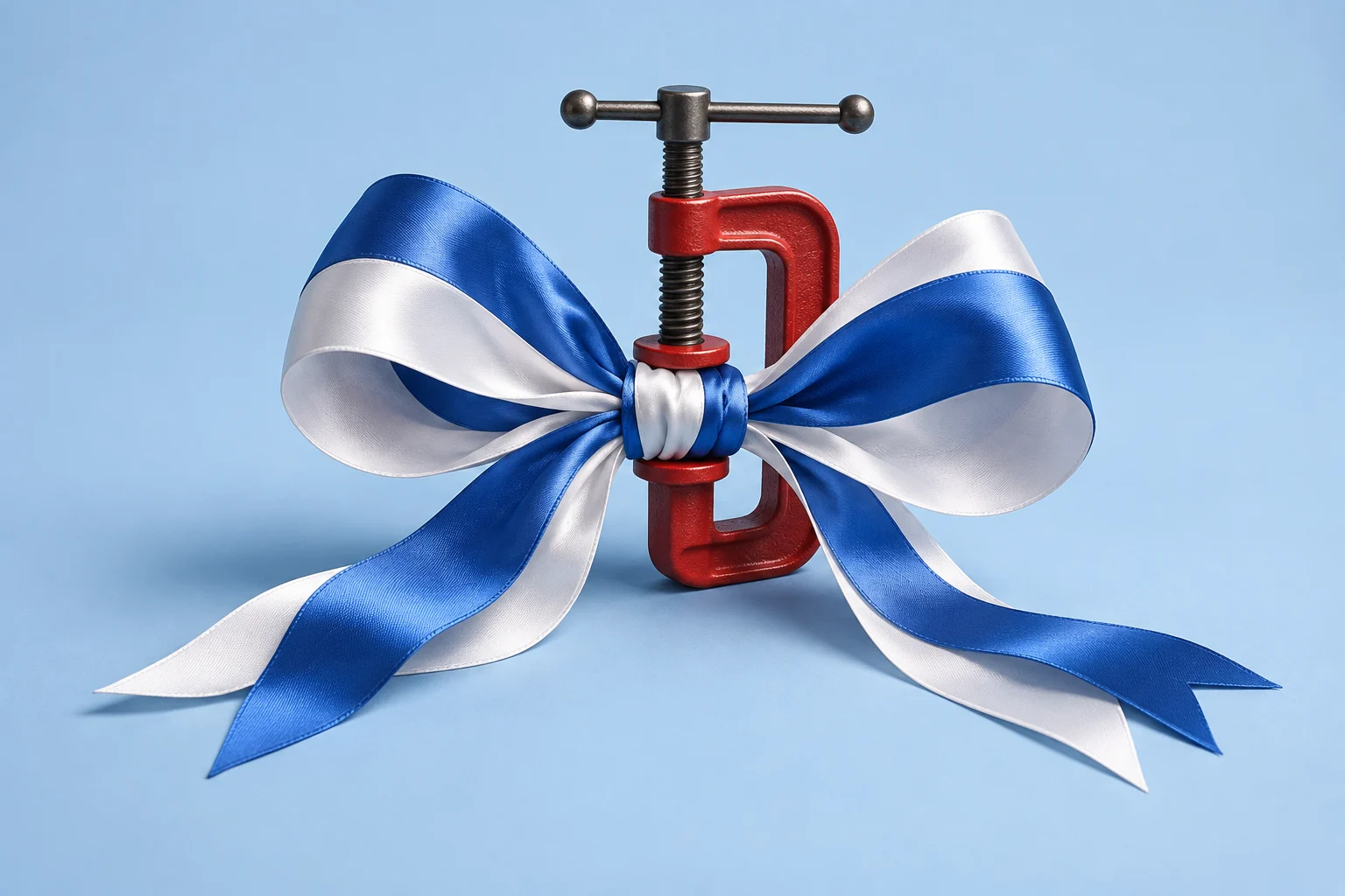 A red metal clamp squeezes the center of a shiny blue and white ribbon bow against a light blue background.