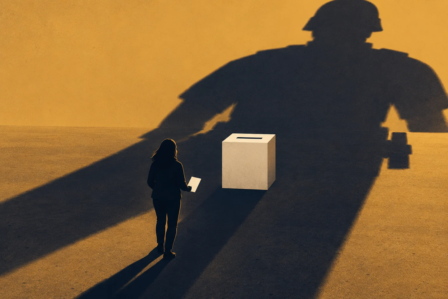 A woman holding a ballot approaches a ballot box beneath the enormous shadow of an armed, helmeted soldier against a golden background.