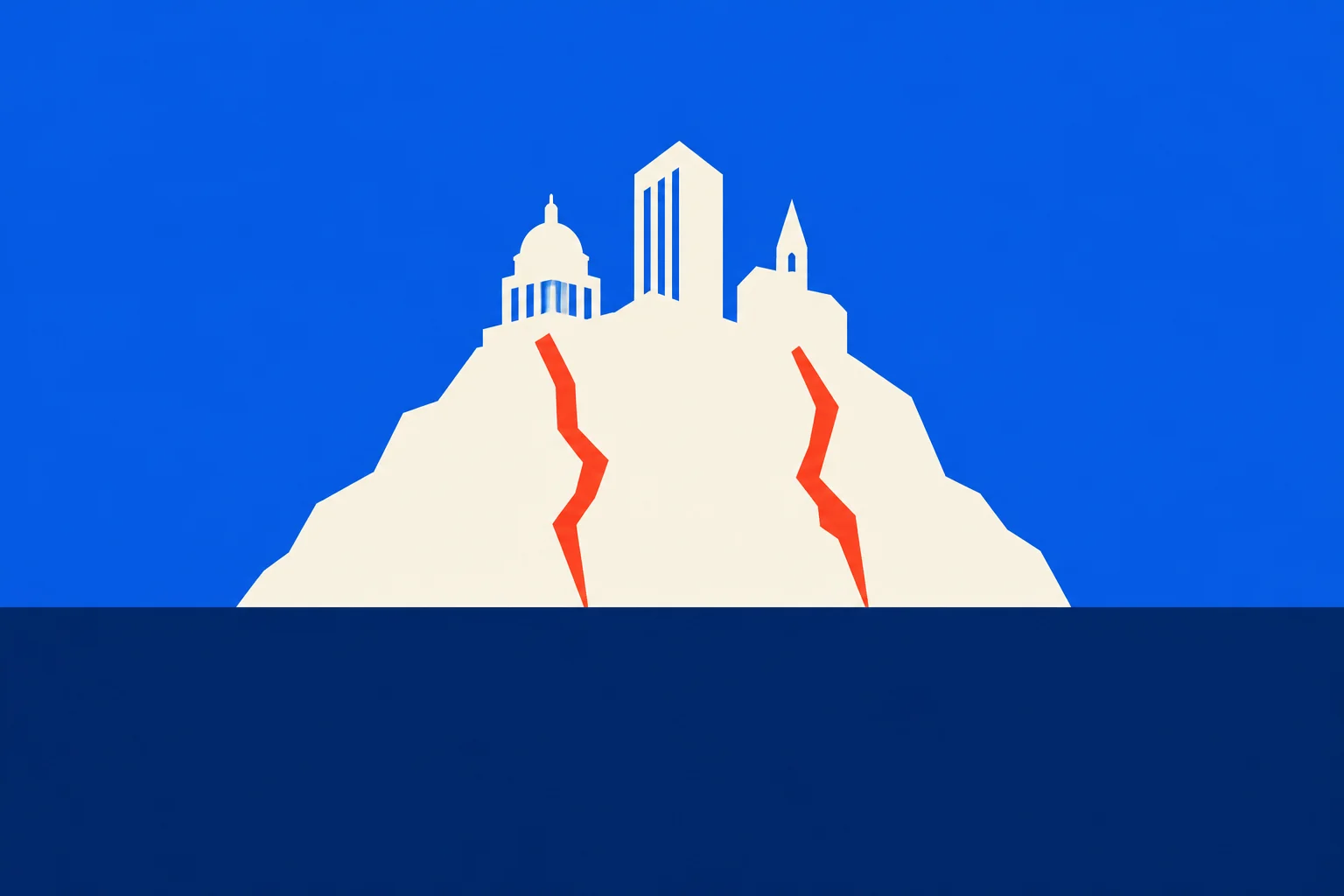 A cream-colored hill with stylized buildings and two red cracks rises against a bright blue sky above a dark blue foreground.