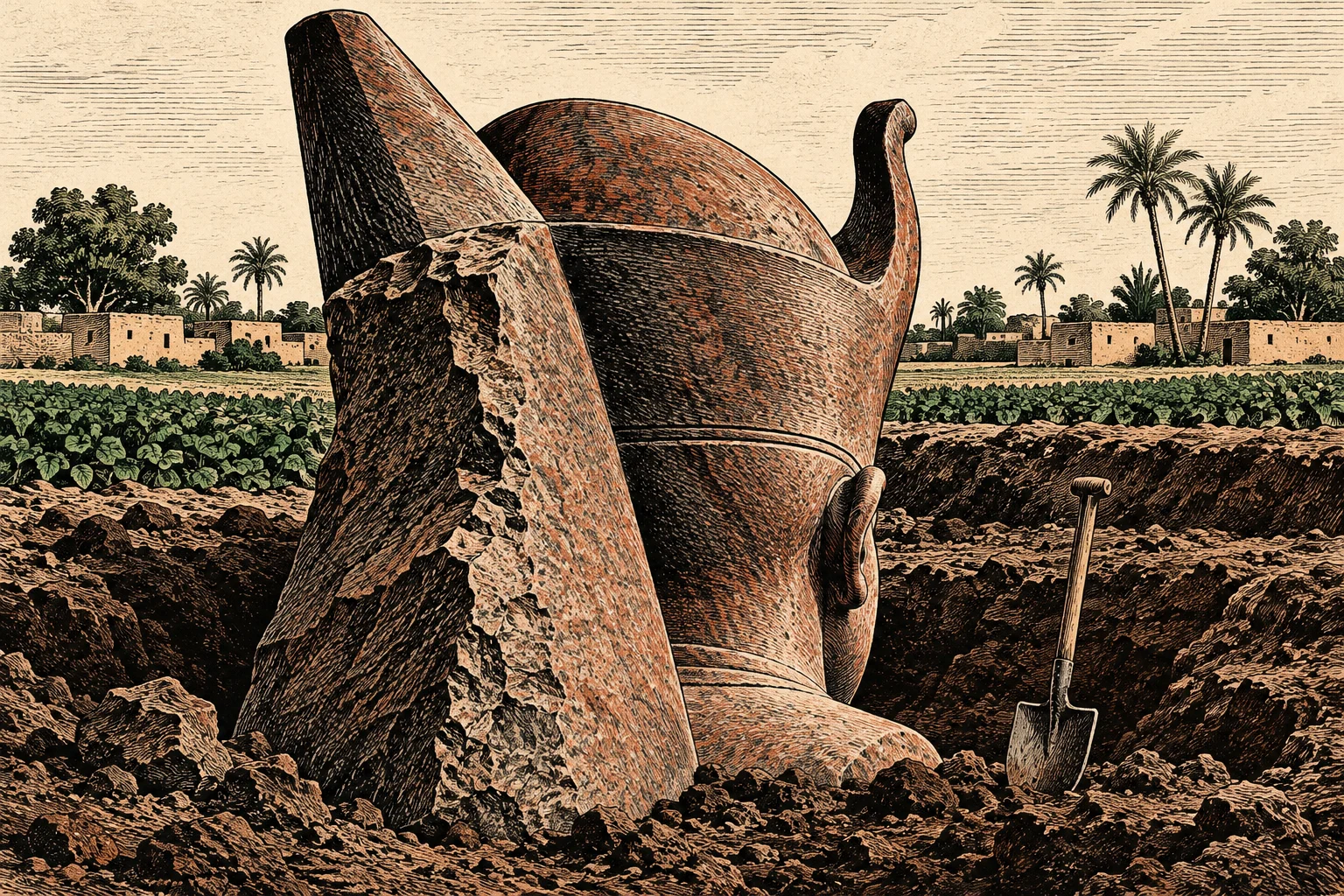 A vintage engraving shows a colossal broken stone head partly unearthed in a trench, with a shovel nearby and fields, village buildings, and palm trees behind.