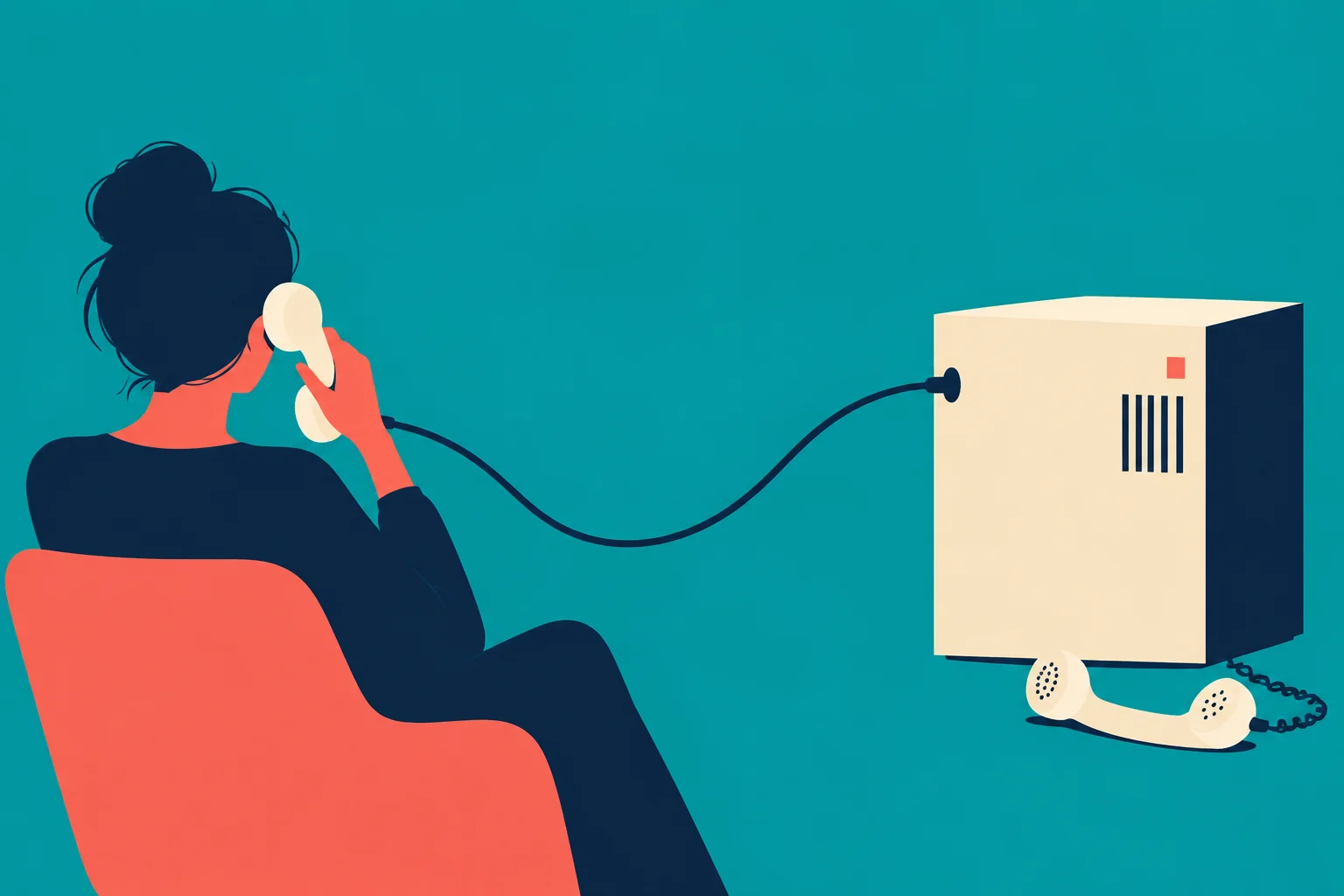 A seated person holds a telephone receiver connected by a cable to a large cream box, with another receiver resting below it against a teal background.