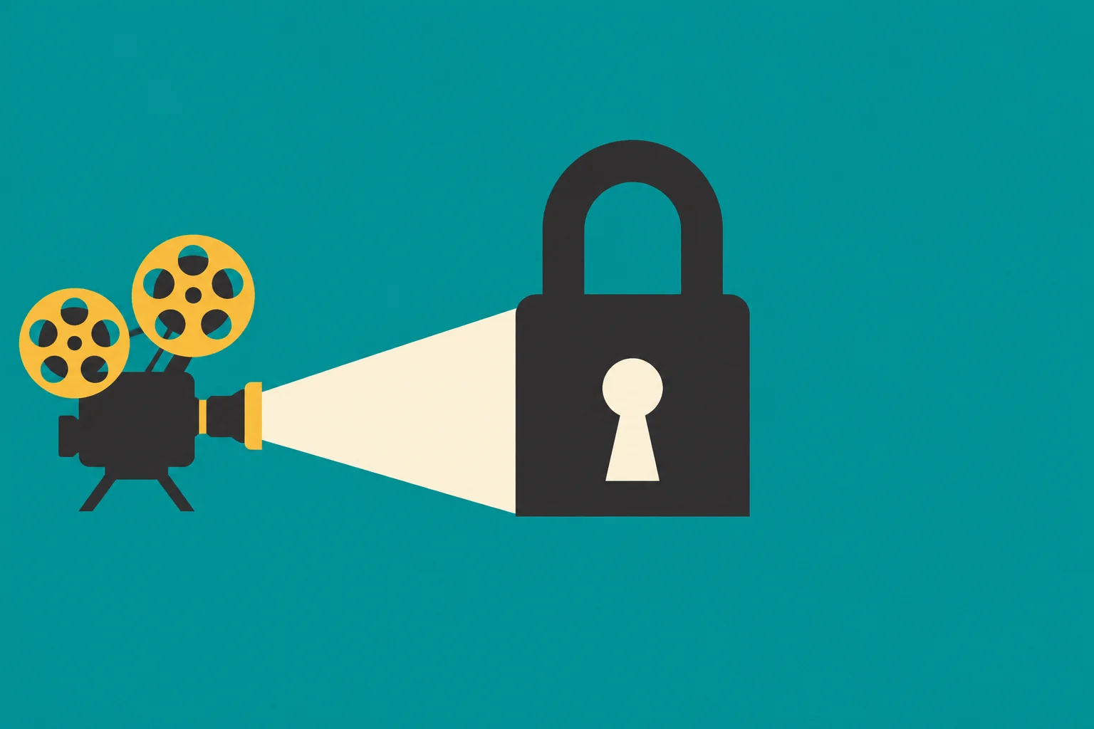A film projector with yellow reels casts a pale beam toward a large dark padlock on a teal background.