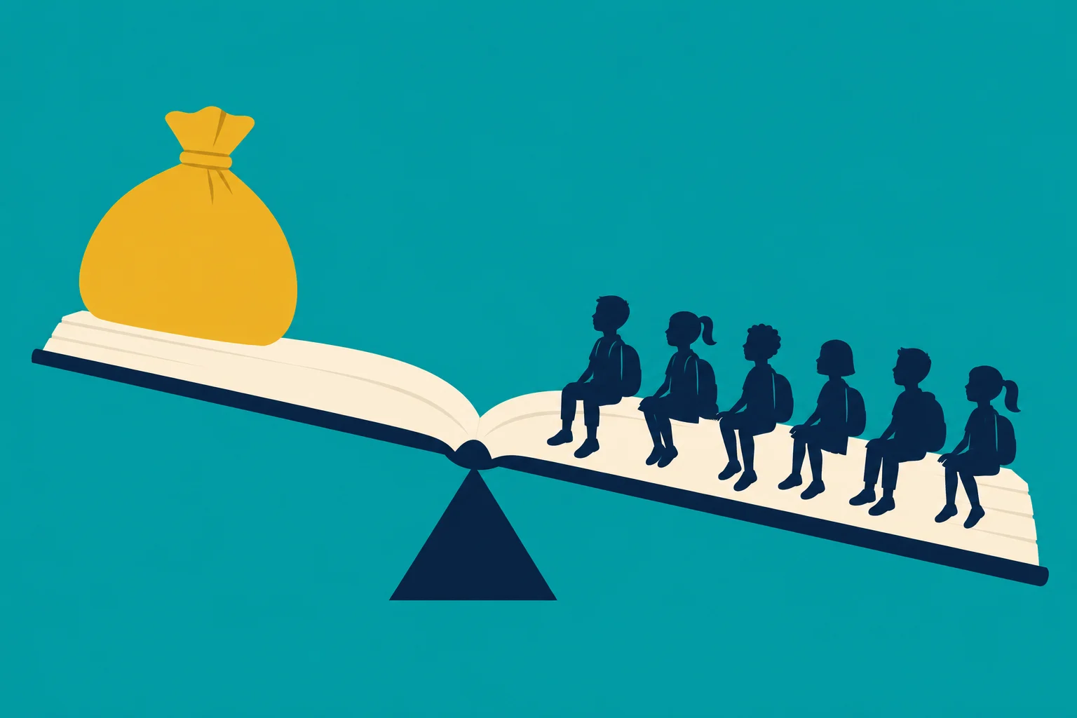 An open book balances on a triangular fulcrum, with a gold money bag on the raised left side and six seated students on the lower right.