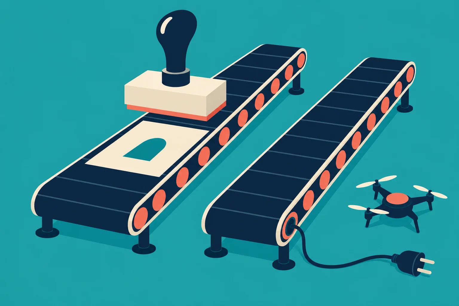 Two conveyor belts sit on a teal background, one beneath a stamp beside a cutout sheet, with a drone and power plug nearby.