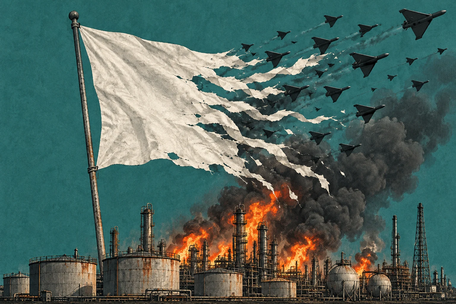A tattered white flag flies above an oil refinery engulfed in flames and black smoke as numerous fighter jets cross a teal sky.