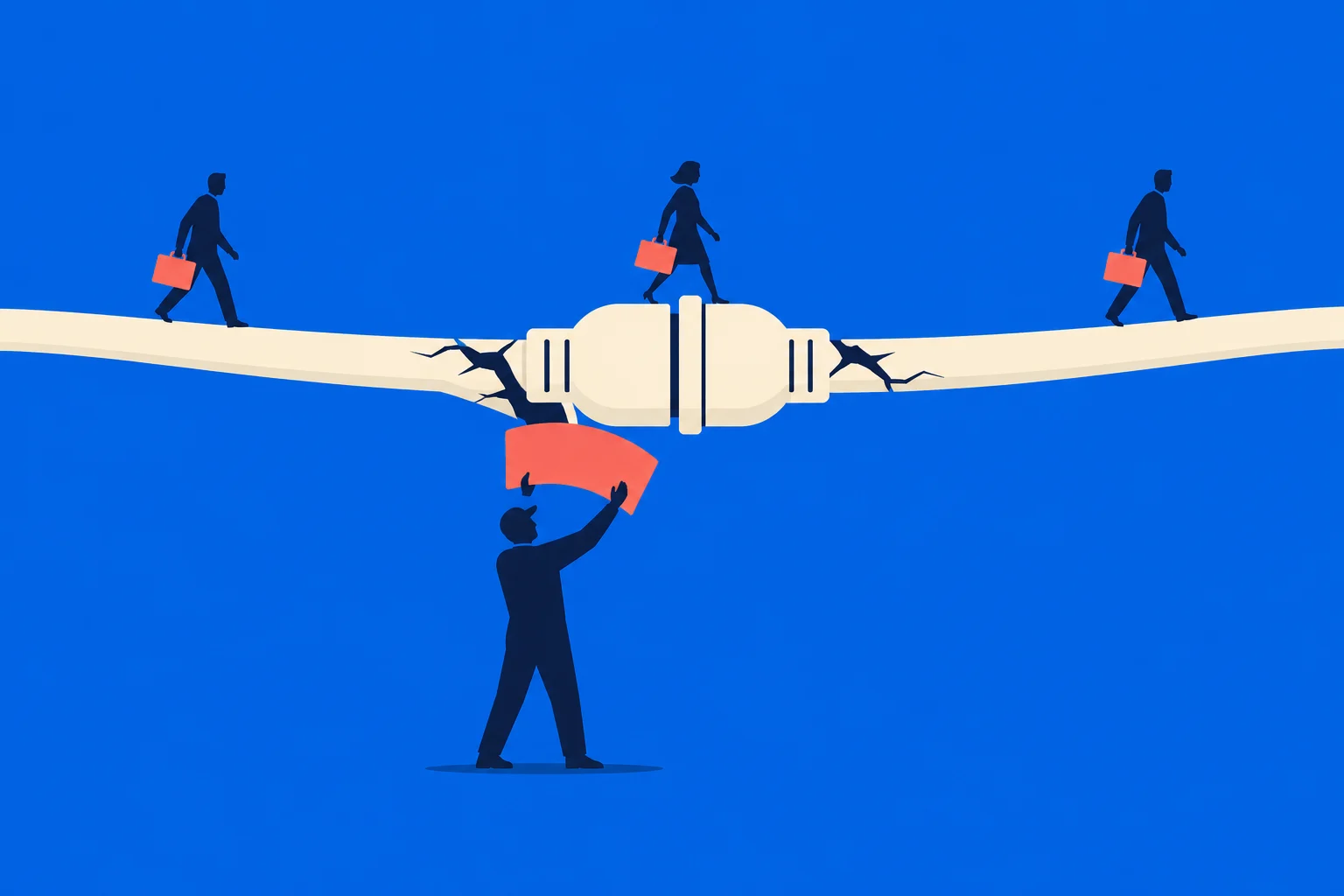 Businesspeople cross a cracked cream-colored bridge with a central buckle while a worker below raises an orange patch toward the damage against a blue background.