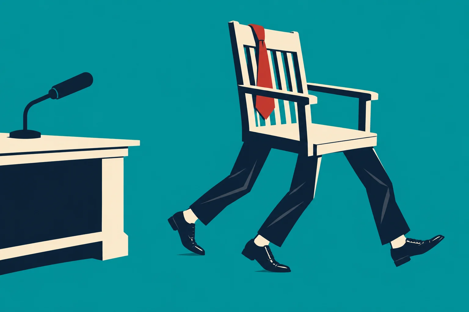 A chair wearing a red tie walks on three trousered legs past a desk with a microphone against a teal background.