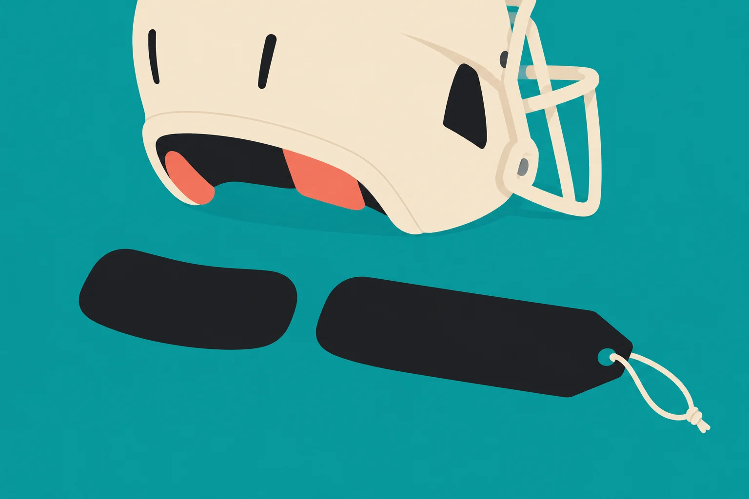 A cream football helmet sits above two black protective pads, including one with a cream cord, on a teal background.