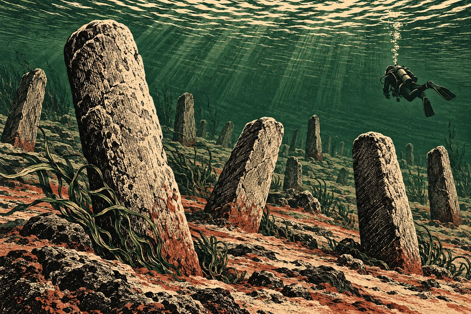 A scuba diver swims above tall, weathered stone pillars scattered across a rocky, seaweed-covered seabed, with sunlight filtering through green water.