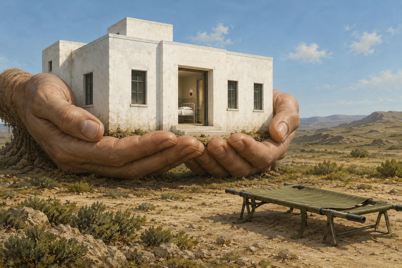 Giant hands cradle a small white medical building with a bed and IV inside, while an empty stretcher rests in the rocky desert foreground.