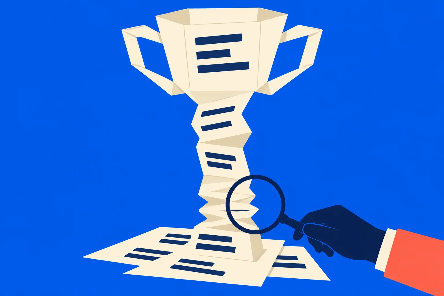 A paper trophy unfolds into a long accordion of documents on a blue background while a hand examines it with a magnifying glass.