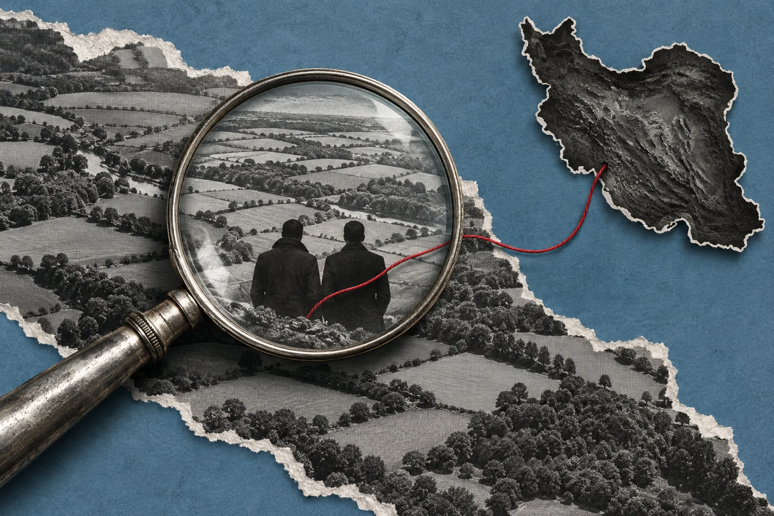 A magnifying glass enlarges two men in a black-and-white countryside collage, with red thread connecting them to an Iran-shaped cutout on a blue background.