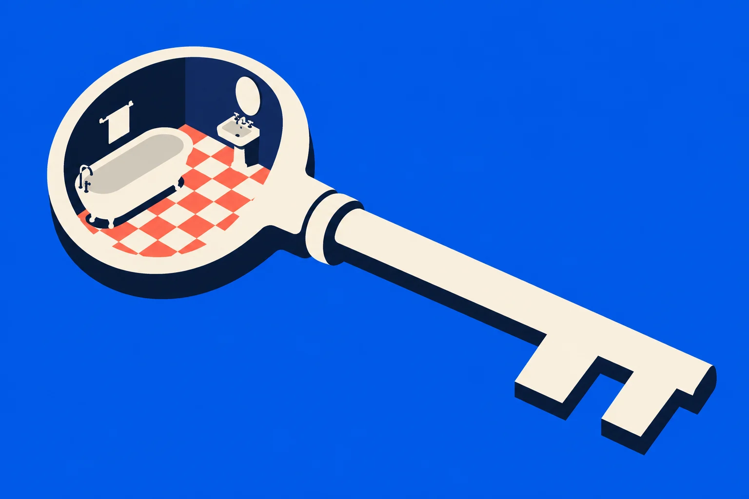 A cream-colored key contains a miniature bathroom with a bathtub, sink, mirror, towel, and red-and-cream checkered floor against a bright blue background.