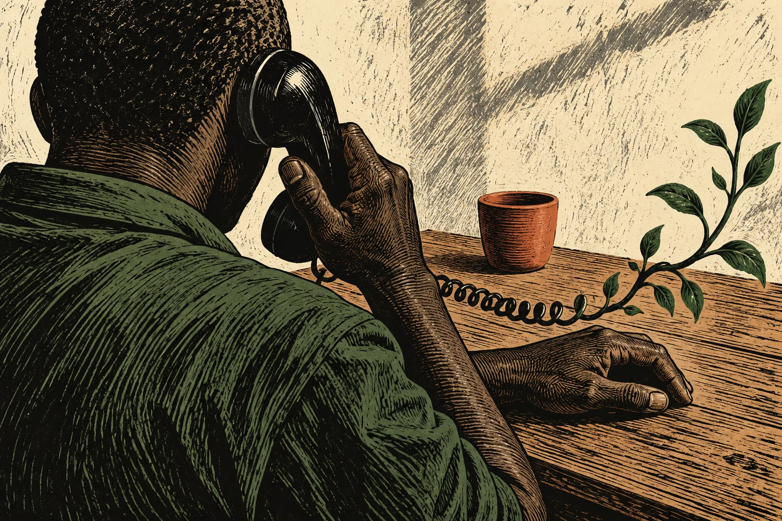 A woodcut-style illustration shows a man holding a black telephone receiver beside a terracotta cup, with the coiled cord turning into a leafy branch.