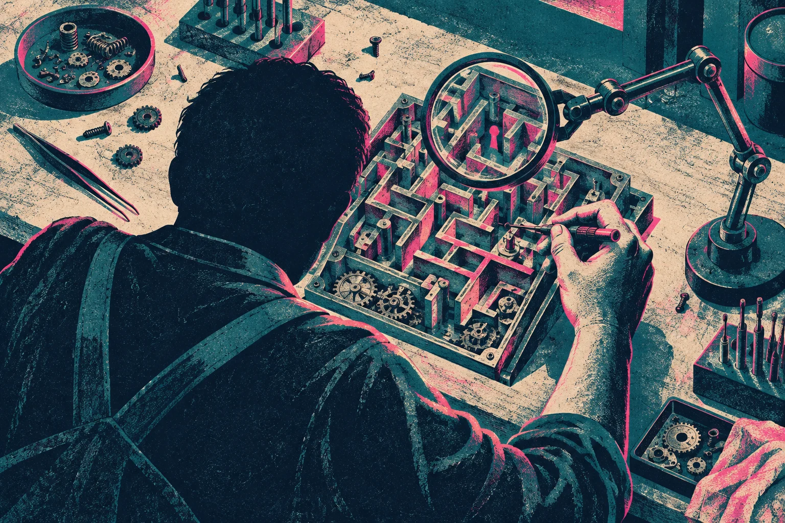 A person uses a precision tool to work on a mechanical maze under a magnifying glass, surrounded by gears and tools in a textured illustration.