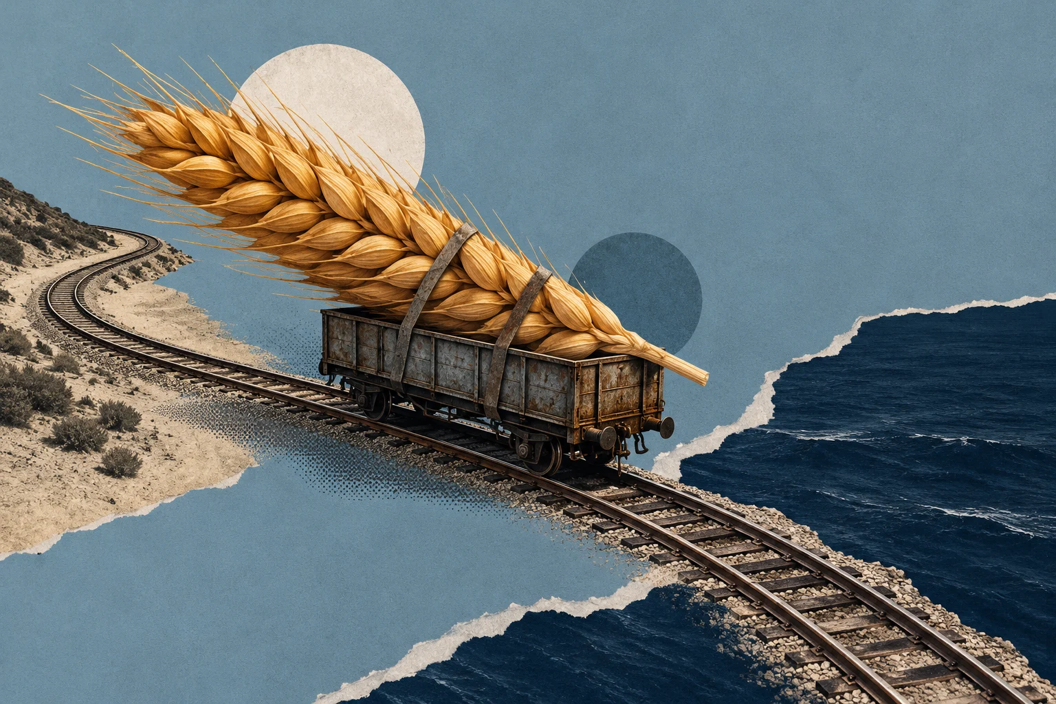 A giant golden wheat stalk is strapped to a rusty freight wagon on curving railroad tracks above dark ocean water in a textured collage.