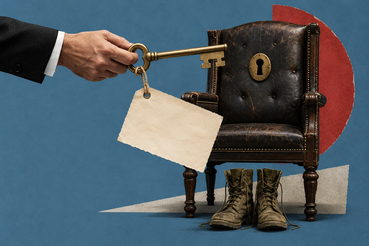 A suited hand holds a large brass key with a blank paper tag beside a worn leather armchair with a keyhole and boots beneath it.