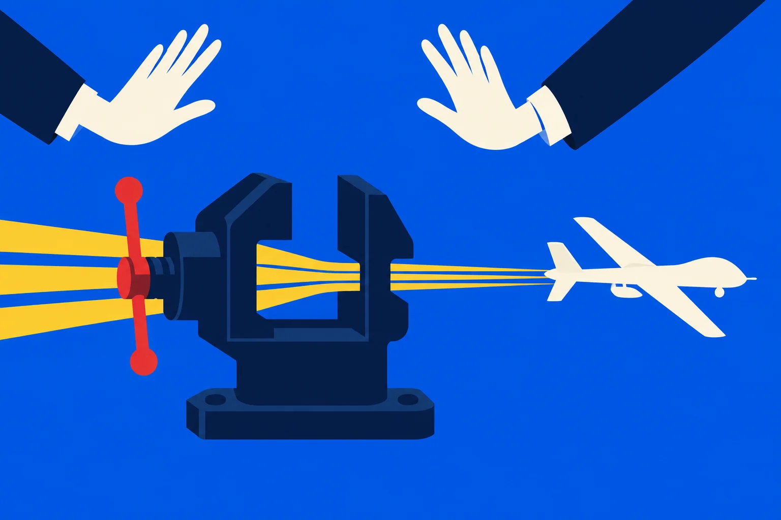 Two raised hands hover above a dark blue vise compressing yellow beams that extend toward a white airplane against a bright blue background.