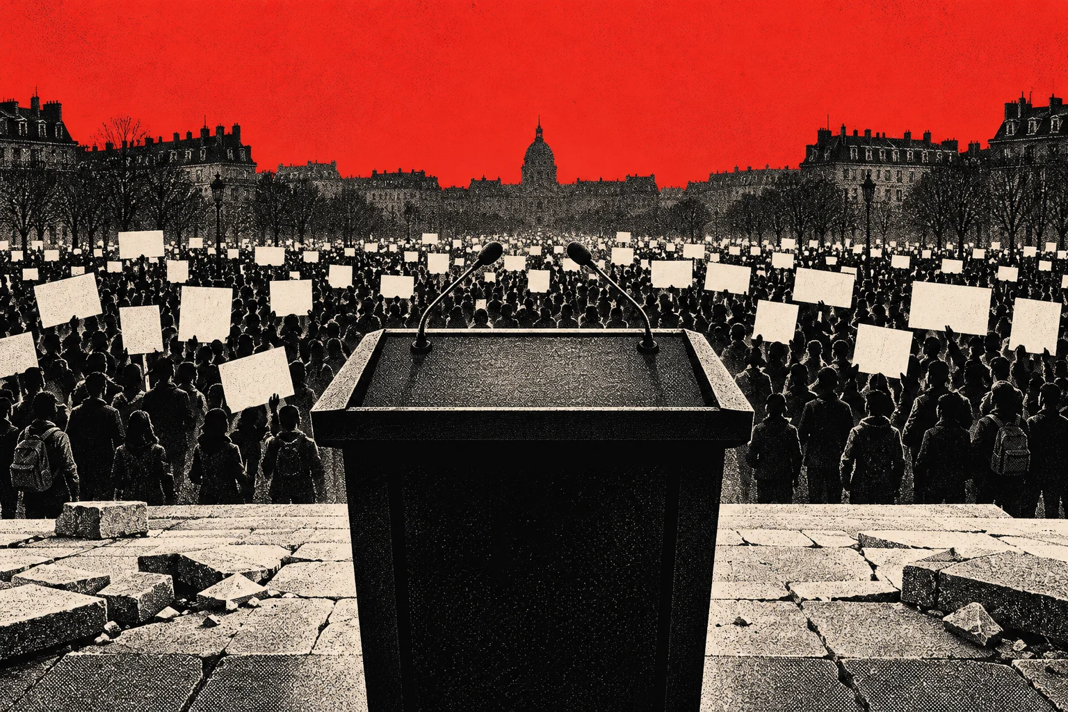 An empty podium with two microphones faces a large crowd holding blank protest signs in a city square beneath a red sky.