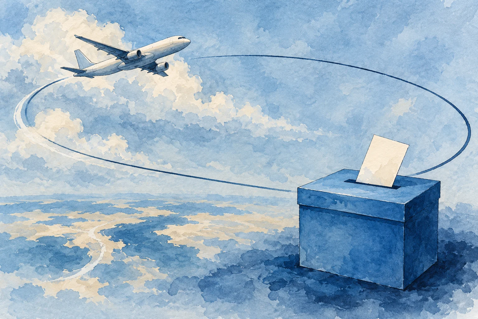 A watercolor airplane flies above clouds along a looping blue path that curves around a blue ballot box with a blank paper protruding.