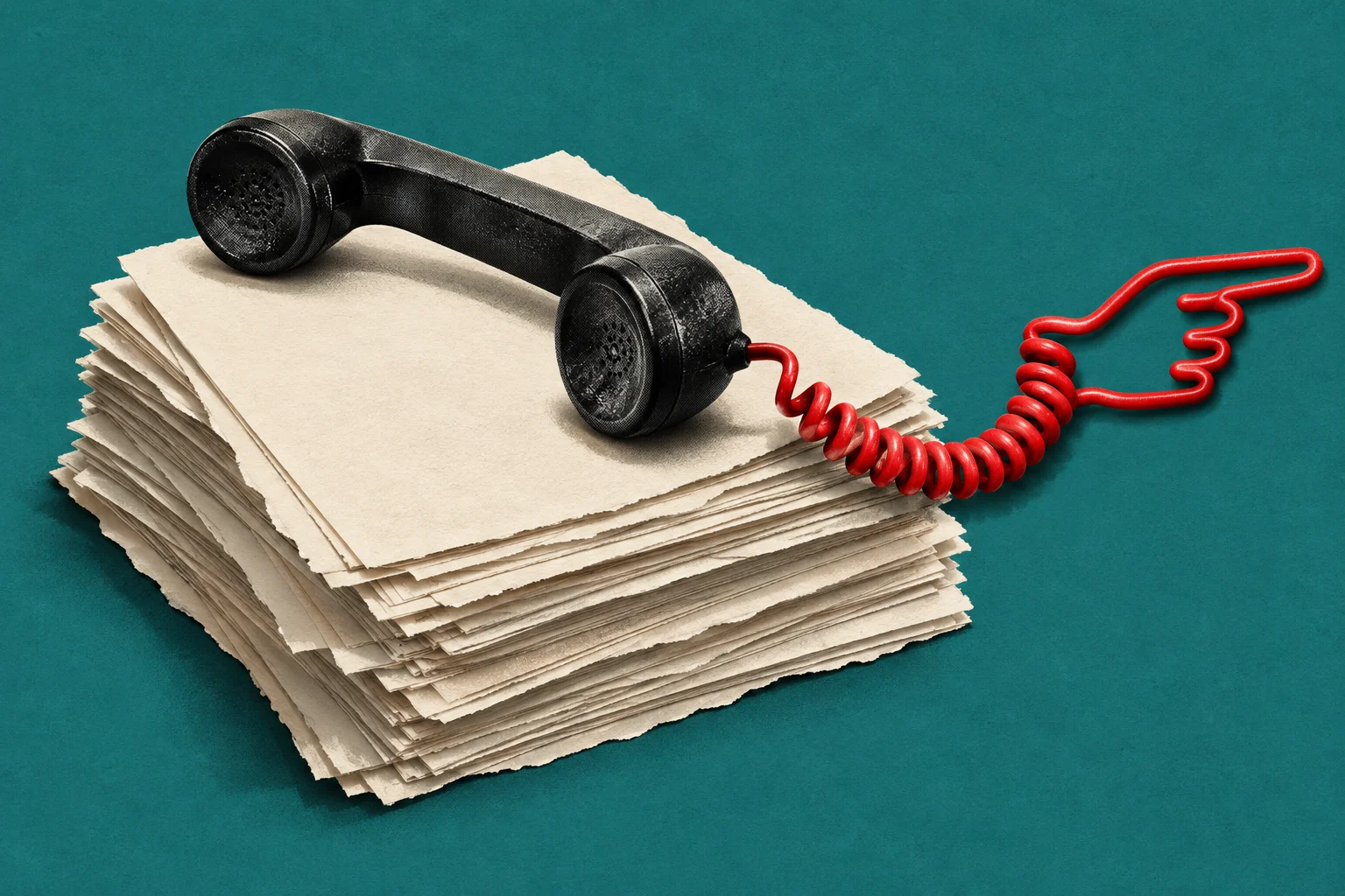 A black telephone handset rests on a stack of blank, rough-edged papers, with a red coiled cord forming a pointing hand against a teal background.