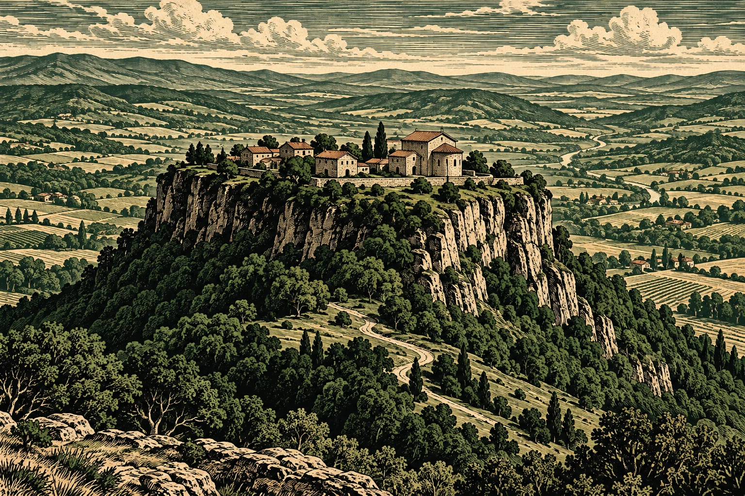 A vintage engraving shows a hilltop village and church atop steep cliffs, surrounded by wooded slopes, winding roads, patchwork farmland, distant mountains, and clouds.