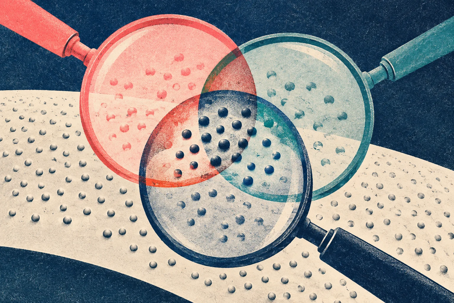 Three overlapping magnifying glasses with red, teal, and navy frames enlarge small dots scattered across a cream strip against a textured dark blue background.