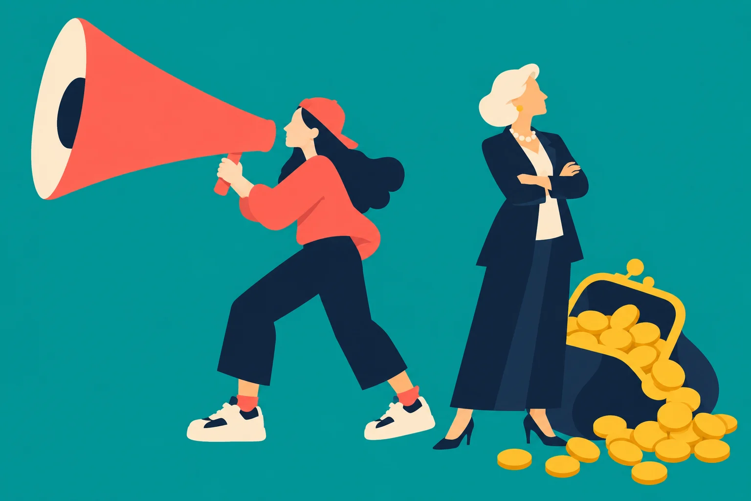 A young woman holds a large red megaphone beside a businesswoman standing with crossed arms near an open purse spilling gold coins.