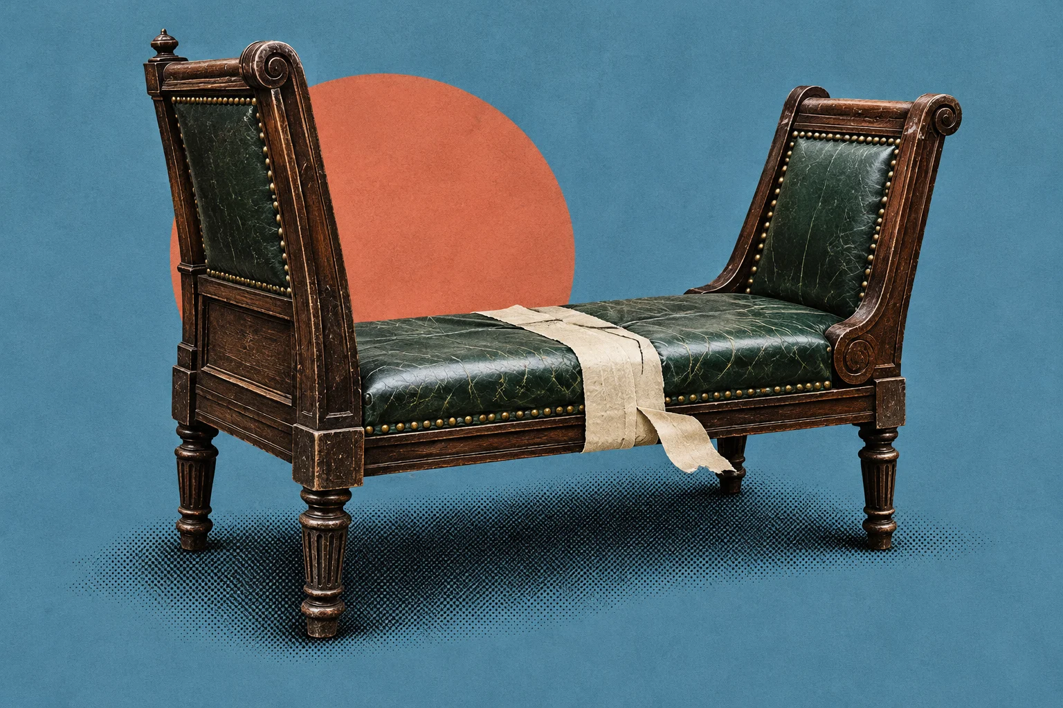 An antique wooden bench with worn green leather upholstery and a cream cloth draped across its seat stands against a blue background with an orange circle.