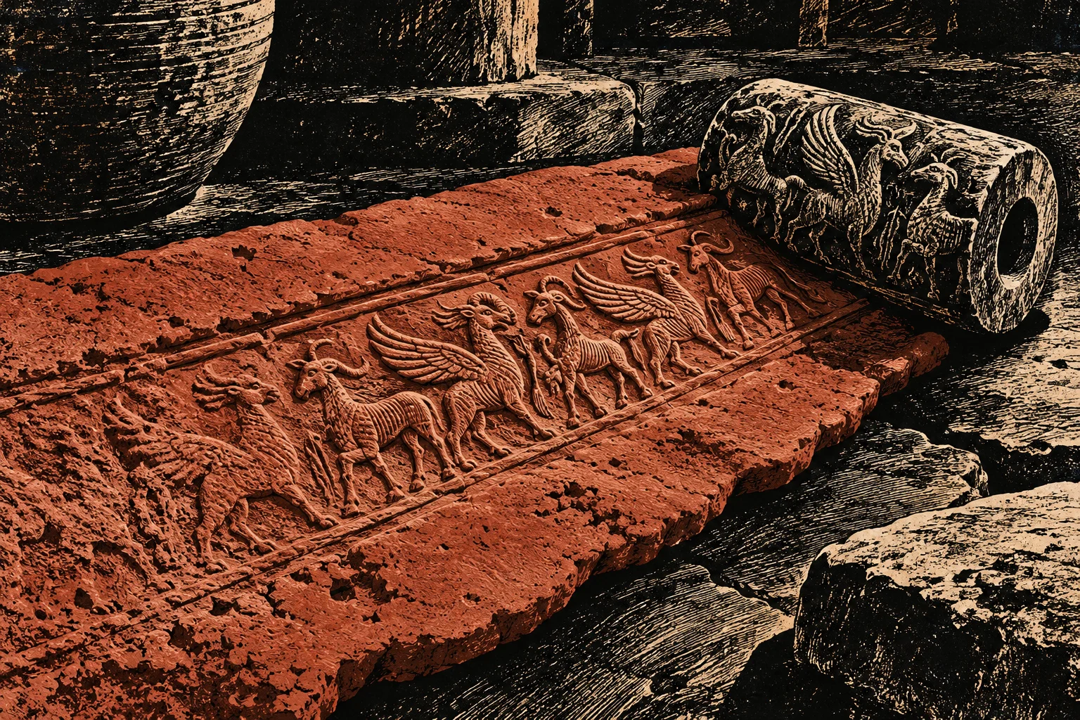 A carved cylinder seal rests beside its reddish clay impression, depicting a procession of horned animals and winged creatures on a rough stone surface.