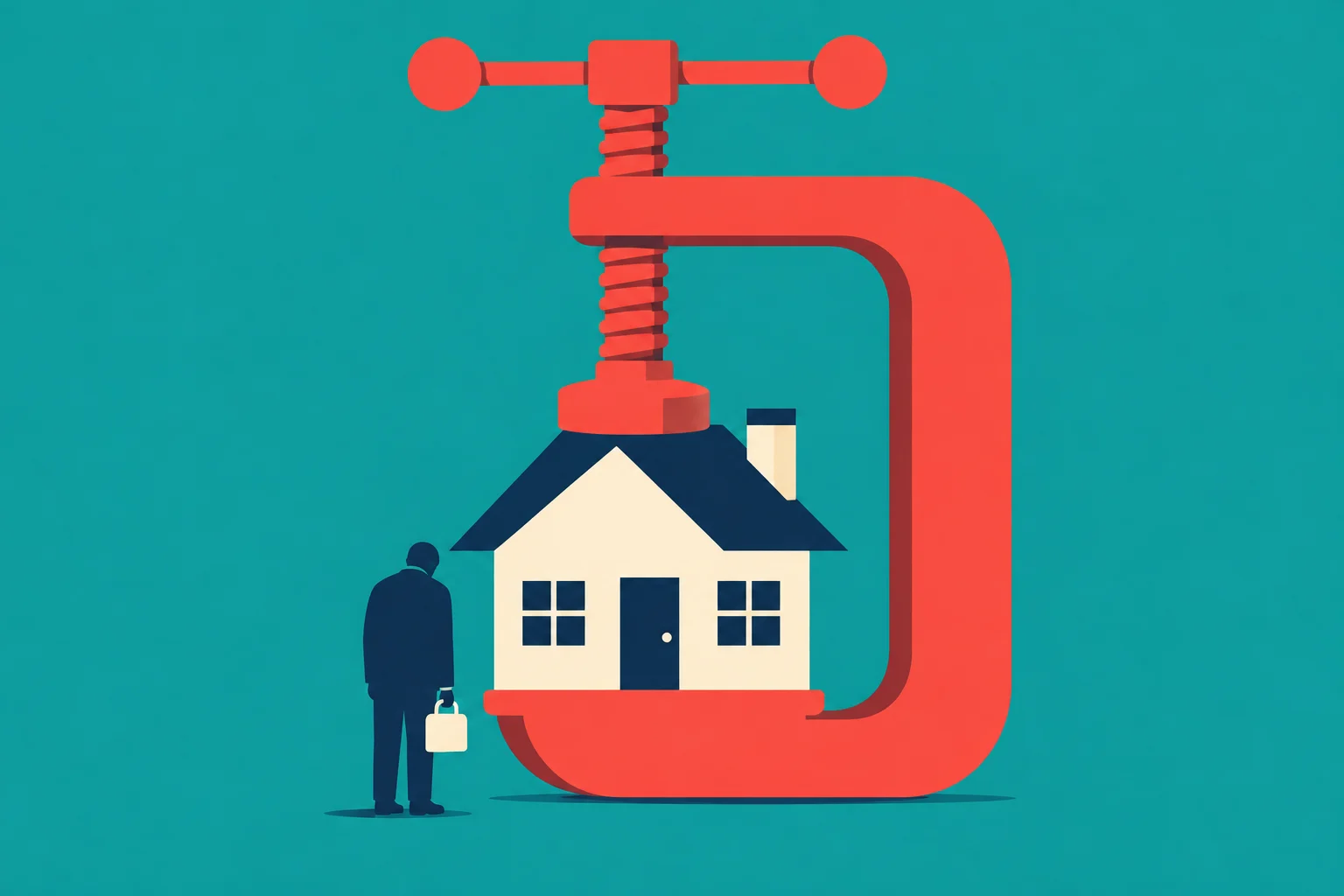 A large red clamp squeezes a small cream house with a navy roof while a person holding a briefcase stands beside it against a teal background.
