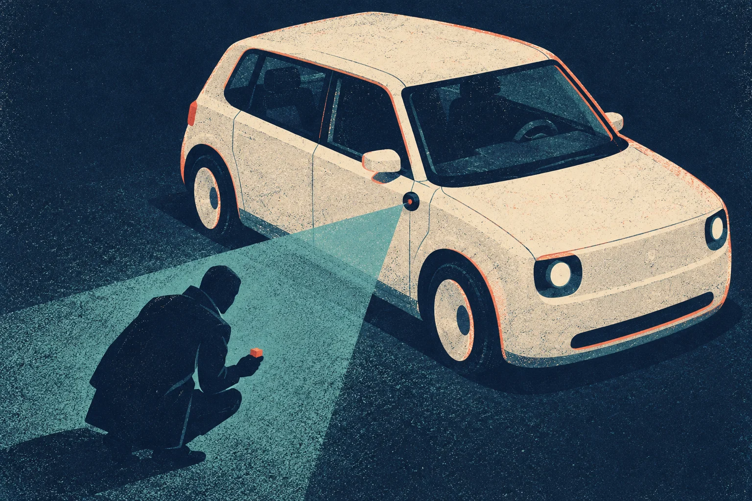 A crouching person holds a small device near a white car, while a sensor on the car projects a turquoise beam toward them.